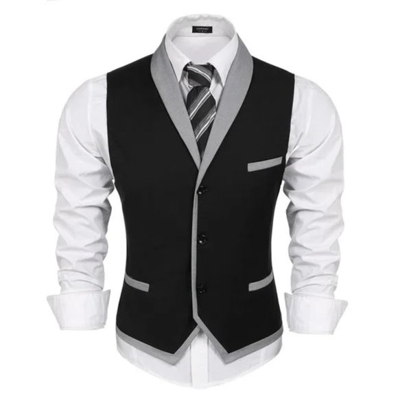 NEW MEN'S Suit Vest Slim Fit Waistcoat Black - Picture 1 of 6